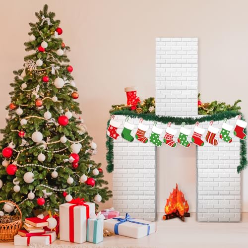 Fullhawl 34 Pcs 3D Christmas Cardboard Fireplace 39 x 59 Inch DIY Christmas Artificial Fireplace with Stocking 3D Fire Flame Prop Pine Garland Fake Fire Place Backdrop for Xmas Decor(White Brick) - color: White Brick