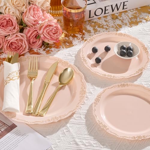 Fijinhom 175 PCS Pink Disposable Plates, Elegant Dinnerware Set for 25 Guests, 50 Plastic Plates, 75 Silverware, 25 Cups & 25 Paper Napkins, Pink - color: Pink Gold Pattern, size: 25 Guests-175pcs