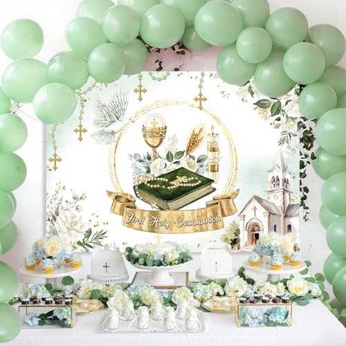AIBIIN 7x5ft First Holy Communion Backdrop Greenery Mi Primera Comunion Photography Background Baptism Christening God Bless Mi Bautizo Party Decorations Banner Photo Props - size: 7x5ft