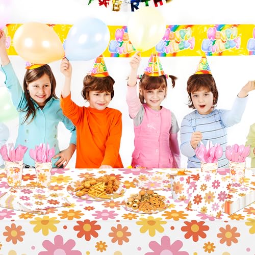 Groovy Party Supplies Daisy Groovy Tableware Set Serves 24 Include Boho Daisy Tablecloth Hippie Tableware Set for Boho Hippie Retro Birthday Baby Shower Party Decor