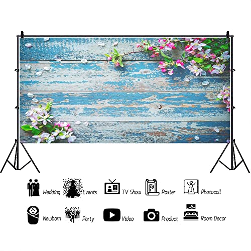 AOFOTO 20x10ft Rustic Blue Wood Planks Photography Backdrop Spring Floral Theme Flower Petal Branches Wooden Board Background Flat Lay Vintage Peeling Off Grunge Hardwood Infant Baby Portrait Props - size: 20x10ft