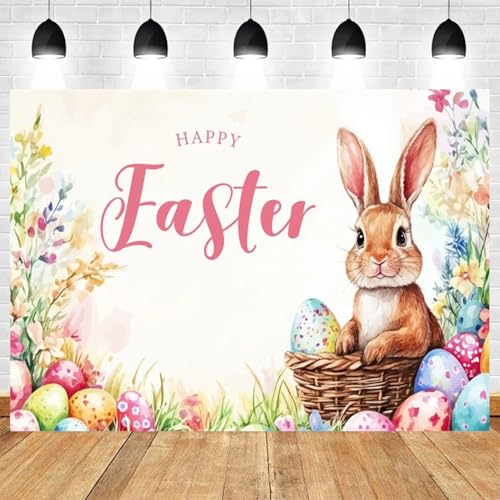 5x3ft Happy Easter Backdrop Easter Bunny Background with Colorful Eggs Floral Spring Banner Spring Party Decoration Bunny and Eggs Backdrop Floral Photo Booth Prop - color: color 18, size: 5x3ft