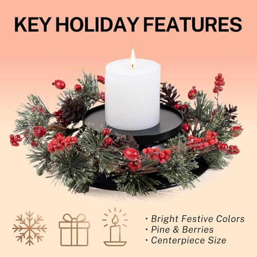 MOYEE Candle Holder Centerpieces for Tables,Candle Ring,Wreaths, Black Metal Candle Stick Paired Artificial Flowers 14 in Versatile Dining Table Centrepiece - color: Pine Needle and Red Pine Cone Wreath