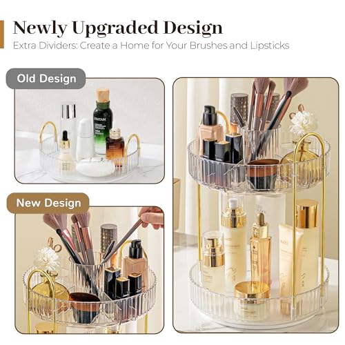 Aveniee 360 Rotating Makeup Organizer for Vanity, Upagraded Perfume Skincare Bathroom Counter Organizers with Brush Divider, Two Tier Spinning Lipstick Cosmetic Lotion Storage,White - color: Pearl White, size: New-2 Tier