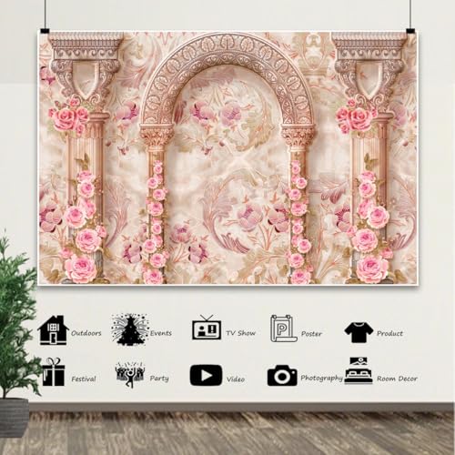 12x6ft Vintage Castle Wall Backdrops Wedding Background Pink Rose Spring Flower Mural Pillar Arch Banners for Valentine's Day Bridal Shower Birthday Newborn Princess Women Girls Portraits - size: 12x6ft-polyester