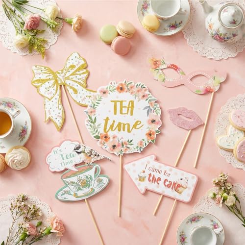 14Pcs Tea Party Decorations Photo Booth Props Tea Party Accessories for Women for Garden Party Birthday Shower