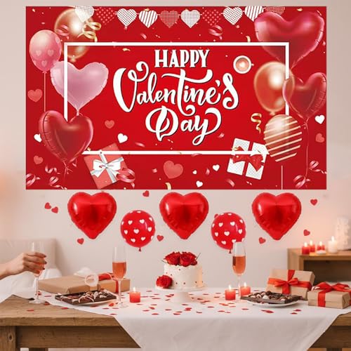 Happy Valentine's Day Banner - Large, 71x43 Inch | Red Hearts Balloons Backdrop Romantic Photo Booth Props -14th February Party Decorations