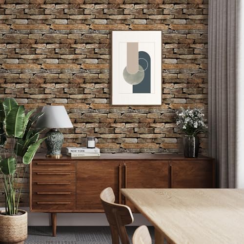 COMSTICKC 3D Faux Stone Wall Panel Peel and Stick Wall Sticker,10 Pcs of 12"X12",Ultra-Light Thin PVC Rock Adhesive Fake Stone Wall Covering Backsplash Interior Decor, Dark Brown - color: Dark Brown Stone