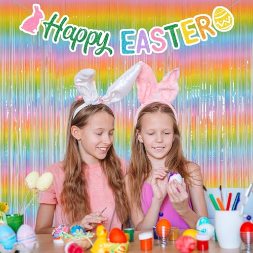 Melsan Pastel Tinsel Backdrop for Easter Decorations, Macaron Rainbow Foil Fringe Curtains 3.2 ft x 8.2 ft for Birthday Party Photo Booth Props Decoration, 2 Pack - color: Rainbow