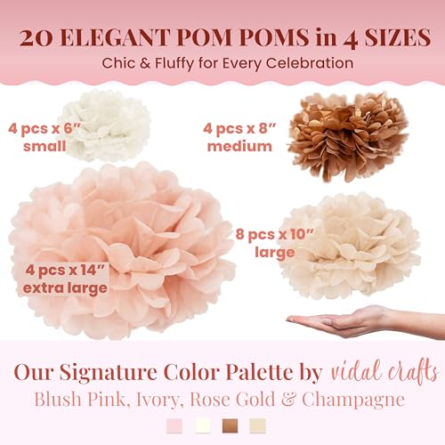Vidal Crafts 20-Piece Boho Tissue Paper Pom Poms - Hanging Tissue Paper Flowers for Bridal Shower Decorations, Baby Shower Decorations for Girl, Wedding, Birthday Party - Assorted Sizes 6" to 14"