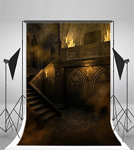AOFOTO 6x8ft Gloomy Gothic Medieval Vintage Room Backdrop Scary Halloween Night Photography Background Vampire Ghost Party Decorations Haunted House Interior Stone Wall Stairway Photo Studio Props - color: HSH-A7, size: 6x8ft