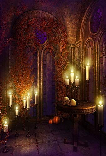 AOFOTO 4x6ft Vintage Dim Gothic Room Background Halloween Scary Skull Photography Backdrop Haunted Castle Interior Burning Candles Candlestick Fall Vines Ivy Photo Studio Props Girl Boy Kid Portrait - size: 4x6ft