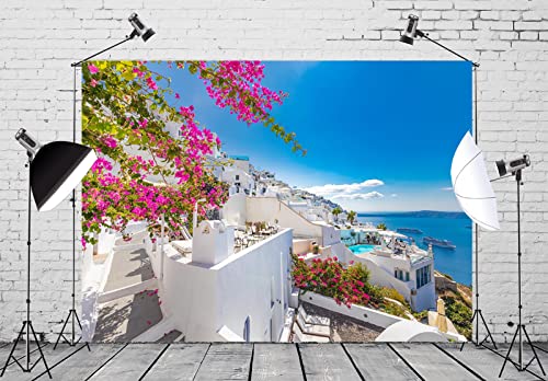 12x8ft Fabric Blue Sea Santorini Island Backdrop Greece White Architecture Oia Luxury Resort Photography Background for Mamma Mia Party Decorations Greek Birthday Party Decor Photo Props - size: 12x8FT