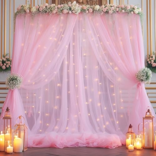 10x8ft Baby Pink Tulle Backdrop Curtain with Lights String for Parites, Sheer Backdrop Curtains for Wedding Baby Shower Birthday Party Photo Shoot Decorations - color: Baby Pink, size: 10ft x 8ft(2 Panels 5*8ft)