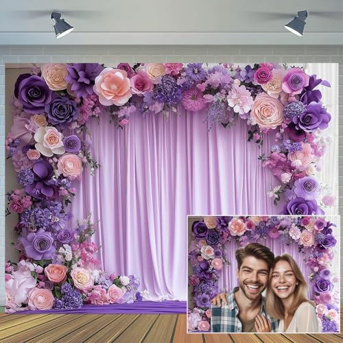 7X5ft Purple Flower Wall Background Photography Lavender Backdrop for Parties Wedding, Girls Birthday Princess Weeding Bridal Shower Purple Floral Anniversary Ceremony Decor. - color: Multi, size: 7X5FT
