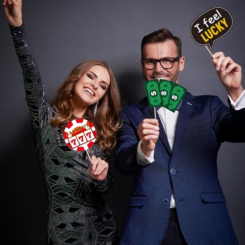 Casino Photo Booth Props, Tumwisk 24PCS Casino Theme Party Decorations, Vegas Themed Selfie Props with Stick for Texas Hold'em 777 Party, Funny Game Night Photography Props - color: Casino