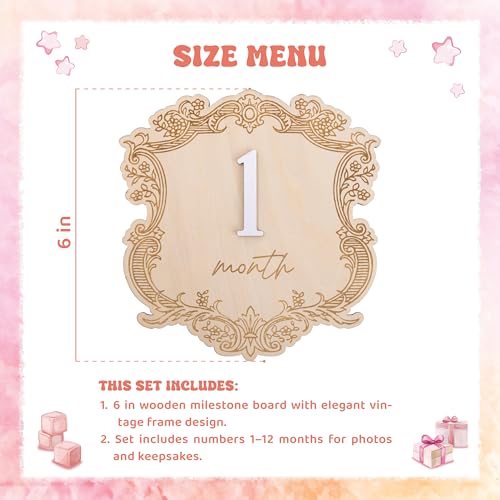Vintage Wooden Baby Monthly Milestone Set, Elegant Engraved Frame with 3D Numbers and Month Months Signs, Newborn Photo Prop for Baby Monthly Pictures