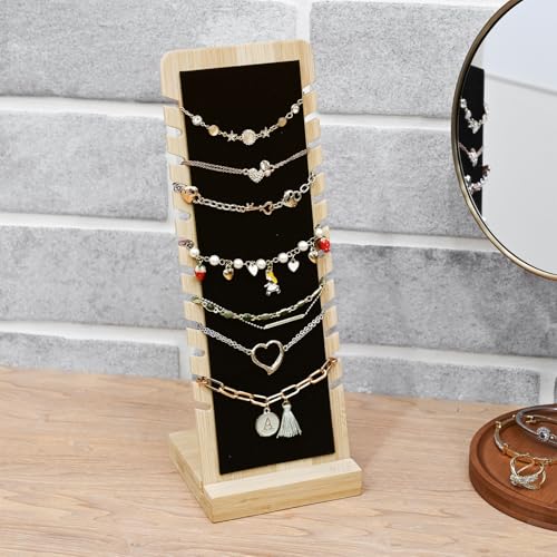 MOOCA 2 Pcs Set Bamboo Freestanding Small Necklace Bracelet Holder Stand for Multiple 12 Necklaces or Bracelets, Jewelry Display Stand, Black Color, 3.9W x 3.6D x 10.4H in - color: Black, Small 2 Pieces