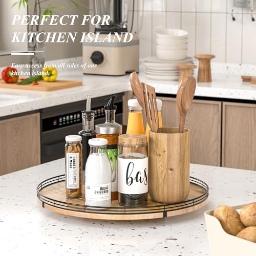 18" Lazy Susan Oak Wood Turntable Organizer for Cabinet, Farmhouse Round Wooden Large Lazy Susan Organization and Storage for Dining Table, Pantry, Kitchen, Countertop, Cupboard, Home Decor - color: Brown & Black, size: 18 inches