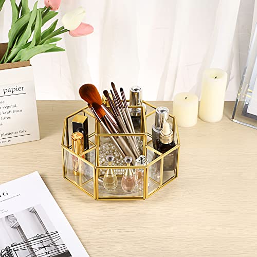 Hipiwe 360 Degree Rotating Glass Makeup Organizer- 5 Slots Gold Metal Cosmetic Storage Display Holder Octagon Dresser Bathroom Spinning Vanity Organizer For Makeup Brushes, Lipsticks, Perfume - style: Octagon,5-Slot