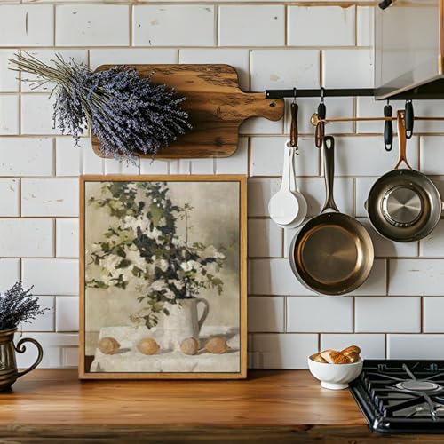 VIYYIEA Vintage Framed Canvas Wall Art, Kitchen Art Decor, Flowers and Lemons Pictures Painting, Vintage Farmhouse Country Decor for Dining Room Bathroom, 9"x11" - color: Flowers and Lemons, size: 11"L x 9"W