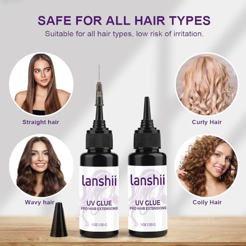 UV Lamp Hair Extension Tool Kit Invisible Hair Extensions UV Lamp 30g UV Hair Glue with 30ml Glue Remover Plastic Eyebrow Comb for UV Hair Set Eyelashes Extensions - color: Black