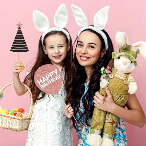 Party Birthday Photo Booth Props, 30Pcs Set of Happy Birthday Selfie Party Supplies with Real Glitter Cute Bday Designs for Women or Girls,Easy to Assemble(Rose Gold) - style: Party Birthday Props