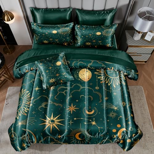 Sun and Moon Comforter Set Blue Green Satin Bedding King Stars Cloud Galaxy Comforter Mysterious Celestial Theme Silk Like Silky Bed in A Bag with Comforter and Sheets - color: Green, size: King