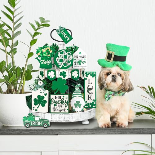 Beeveer 15 Pcs St. Patrick's Day Tiered Tray Decor Set Shamrock Gnome Wooden Sign Rustic Irish Themed Table Centerpiece Tabletop for Home Office Kitchen(Gnomes) - style: Gnomes