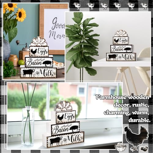 Jetec 4 Pcs Farmhouse Kitchen Decor Wooden Tiered Tray Decor Cow Rooster Pig Rustic Bathroom Signs Decorative Faux Stacked Table Centerpiece Block Sign for Home Living Kitchen Dining Room Shelf - style: Cow Rooster Pig