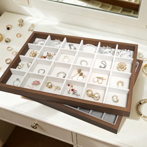 Large Jewelry Trays for Drawers Stackable Velvet Jewelry Display for Vendors Jewelry Drawer Organizer Inserts for Rings Necklace Bracelets Earrings and Studs Earrings (Beige, 24 Grid) - color: Beige, size: 24 Grid