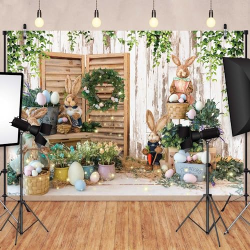7x5ft Polyester Spring Easter Backdrop Rustic White Wooden Wall Colorful Eggs Rabbit Photography Background for Birthday Baby Shower Party Decor Portrait Banner Photo Booth Studio Props - size: 7'x5'