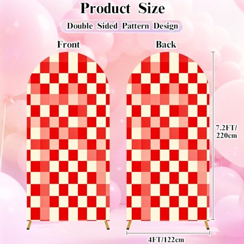 7.2FT Wedding Arch Backdrop Cover red White Checkered Seamless Red White Graphic Checkered Spandex Fitted Fabric Round Top Stretchy Stand Covers for Baby Shower Birthday Party Decoration - color: Color6, size: 7.2x4 FT