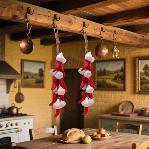 Woration Ceramics Artificial Fake Red Chili & White Garlic Mixed String Faux Pepper Hanging Vegetable Decoration Props for Garland Harvest Cabinet Home Kitchen 1Pack - color: Ceramic Chili & Garlic