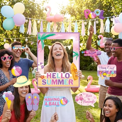 38 Pcs Summer Photo Booth Props Frame, Pink Summer Party Decorations Props, Beach Party Decorations Beach Photo Booth Flamingo Picture Props for Party