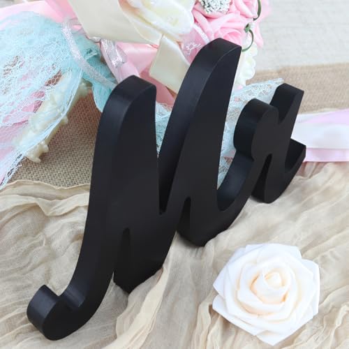 Mr & Mrs Wooden Freestanding Letters for Photo Props, Rustic Decoration, Anniversary & Wedding Shower Gift (Black + Banner) - color: Black with banner