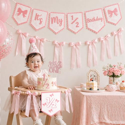 1/2 Birthday Girl Half Birthday Decorations Pink Bow It's My 1/2 Birth Banner Glitter Cake Topper Ribbon Bow Wood Bead High Chair Banner & Cone Hat 6 Months birthday Decorations Party Supplies (Pink) - color: Pink