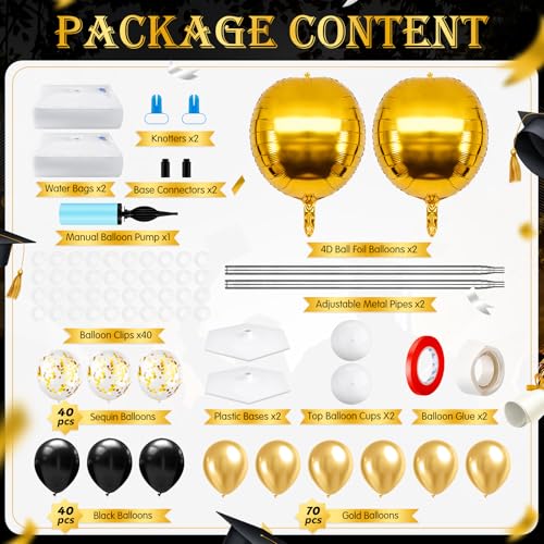 2 Sets Gold and Black Graduation Balloon Column Stand Kit for Class of 2026, Adjustable Floor Balloon Arch Tower with Foil & Latex Balloons, DIY Decor for Grad Ceremony Backdrop - color: Gold and Black