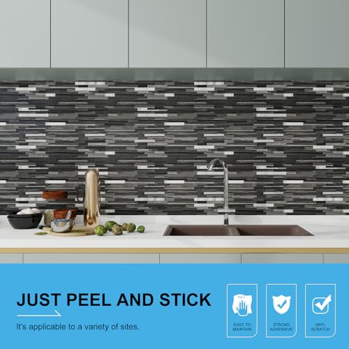 Black Mixed Silver Peel and Stick Modern Geometric PVC Kitchen Wall Backsplash, 20 Sheets, 9.4 sq ft Coverage - color: Black Mixed Silver