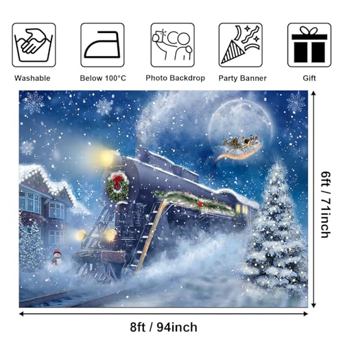 Avezano 8 x 6 ft Christmas Train Backdrop Snow Night Christmas Themed Party Backdrop Moon Santa Claus Railway Photography Background Xmas Day Party Banner Decorations - size: 8x6ft, 94x71inch