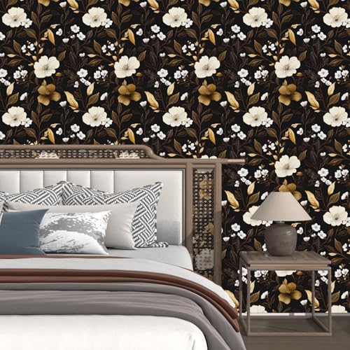 Fvlow Vintage Dark Gold Floral Peel and Stick Wallpaper Waterproof Contact Paper, Self Adhesive Vinyl for Living Room Bedroom Bathroom, Removable Wall Covering Furniture Decor, 17.4" x 118" Boho Black - color: Black/White, size: 17.4" x 118"
