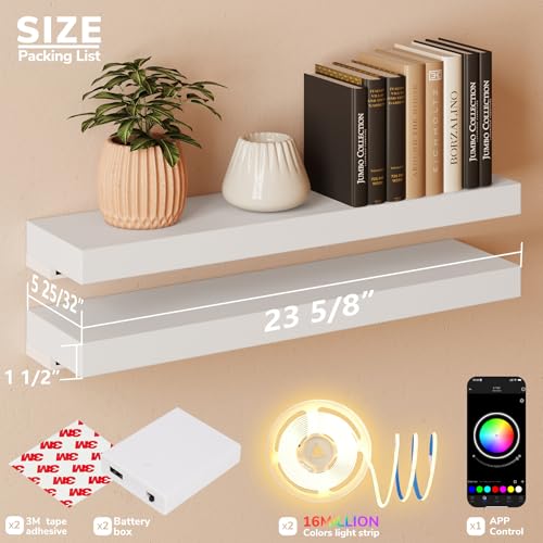 BAMEOS Floating Shelves with RGB LED for Wall, Sturdy Shelves with Light, Wall Mounted Display Shelves, Set of 2, Hanging Shelf for Bathroom, Bedroom, Kitchen, Living Room Storage, White - color: White-rgb, size: 24 x 6