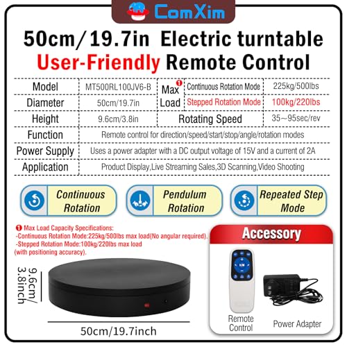 19.7In Remote Large Motorized electric turntable Rotating platform Photography Turntable Motorized lazy susan Base giratoria para for Photography,3D Scanner,Heavy duty display(Load Range:220~500lbs) - size: 19.7inch/Black/500Lbs Load