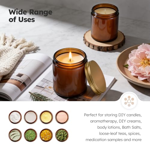 Tecohouse 8oz Amber Glass Jars with Gold Metal Lids, 3 Pack Candle Jars with Blank Labels, 250g Wide Mouth | Lotion Container for Sample, Cream, Lotion, Honey, Powder, Jelly | Home & Beauty - color: Amber-Gold Lids