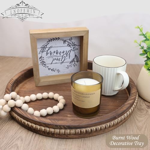 Round Burnt Wood Serving Tray with Beads, Wooden Decorative Tray for Entertaining, Decoration, and Gifting, - color: Burnt Brown Y1, size: 13"
