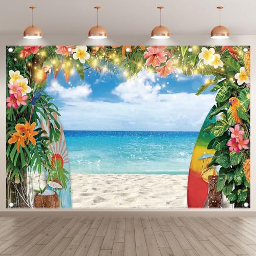 12x8ft Fabric Summer Hawaiian Beach Photography Backdrop Tropical Flower Palm Leaves Surfboard Background Aloha Luau Decorations Photo Banner - size: 12'x8'