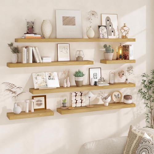 Fun Memories 66 Inch Fireplace Mantel - Long Floating Shelf, Wall Mounted Farmhouse Display with Invisible Heavy Duty Metal Bracket, Oak, 2 Pack - color: Oak, size: 67"W x 6.5"D