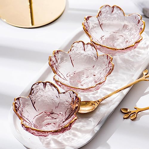 4 Pack Sakura Sauce Dishes Set, Pink Cherry Flower Crystal Glass Appetizer Plates Dipping Bowls Tasting Dishes Serving Dish Seasoning Saucers Bowl Little Bowls Ice Cream Snack Sushi Soy Condiment Dish - color: Glass Sakura Gold Rim