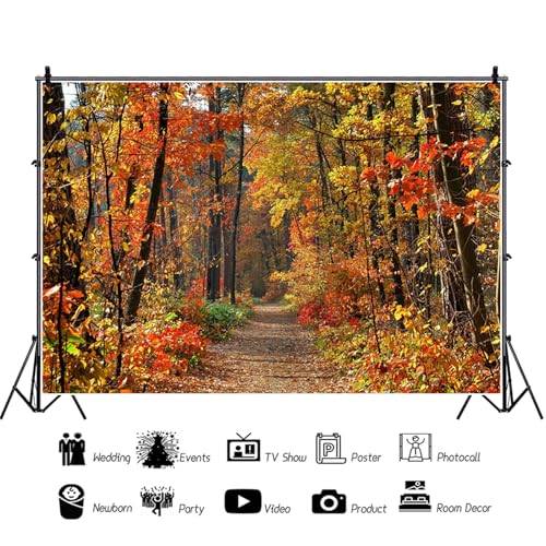 5x3ft Fall Backdrop Autumn Scenery Forest Mountain Road Photography Background Tree Yellow Fall Leaves Natural Landscape Portraits Decorations Wallpaper Photo Studio Props - color: Maple-red, size: 5x3ft