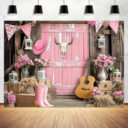 12x10ft Pink Western Cowgirl Backdrop Rustic Barn Rose Flowers Wild West Photography Background for Girls Western Cowgirl Bridal Baby Shower Birthday Party Decorations Supplies Banner - color: Multi1, size: 12x10ft